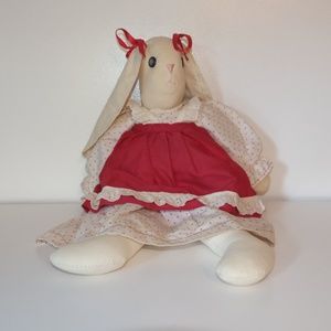 Vintage Folk Art Stuffed Bunny Rabbit Red Bows Dress Plush Toy Large 21"